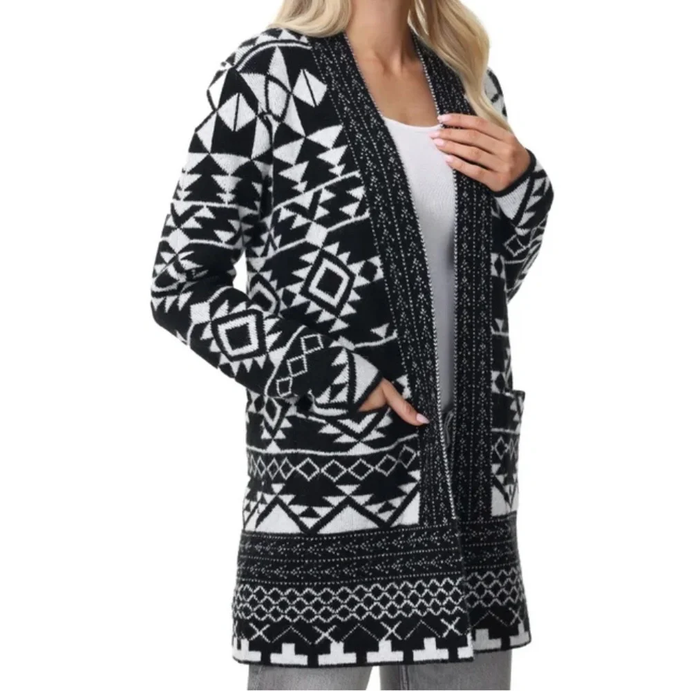 Frye Women's Patterned Cardigan BLACK WHITE Open Front Soft Cozy Pockets XXL 20